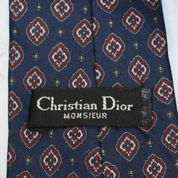 VINTAGE CHRISTIAN DIOR Neck Tie Diamond Mandala Blue Red Luxury Necktie - Picture 4 of 11